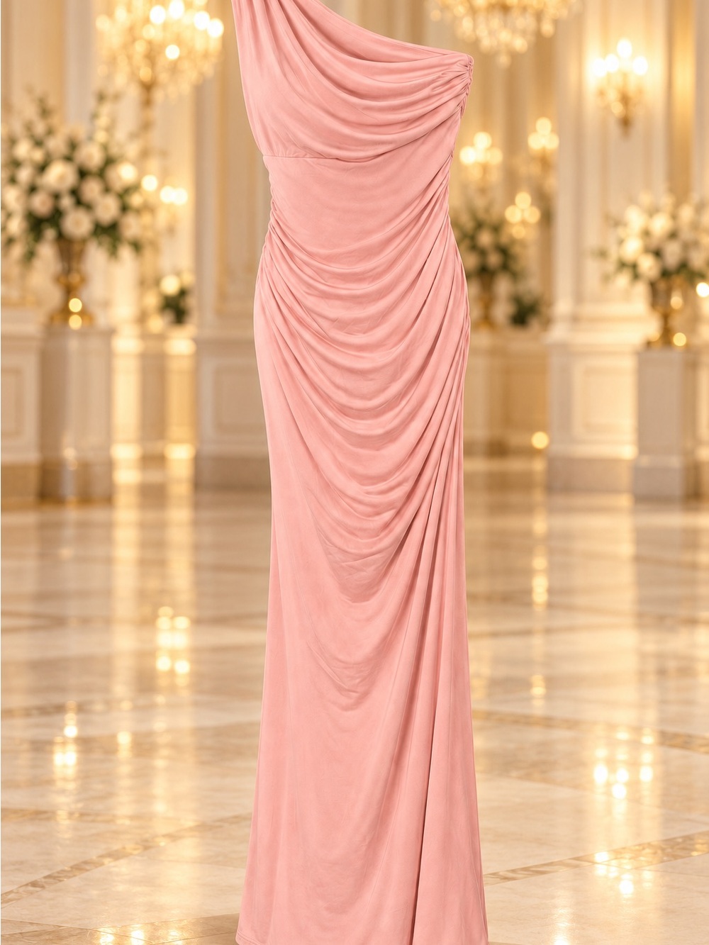 One-Shoulder Ruched Pink Evening Gown Small-Medium